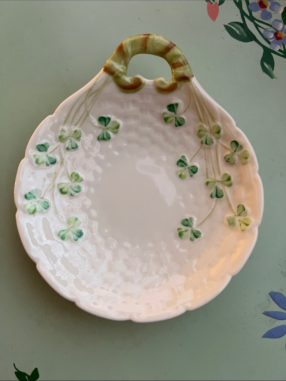 Vintage Belleek Porcelain Ireland Painted Clover Butter Plate Trinket Dish 1960s